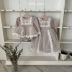 فستان بناتي بطبقه تور ناعمه و الدانتيل الراقي  - اللون بيج