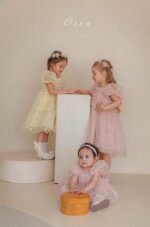 فستان التور محبوك بالورد الناعم ( وردي _ اصفر )