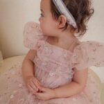 فستان التور محبوك بالورد الناعم ( وردي _ اصفر )