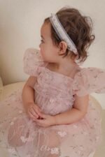 فستان التور محبوك بالورد الناعم ( وردي _ اصفر )